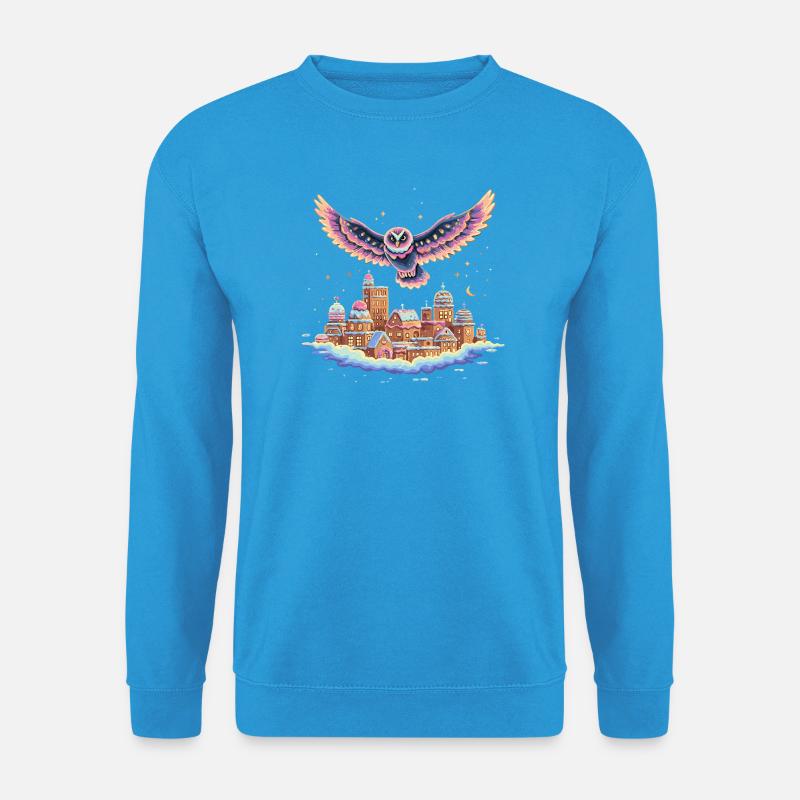 Pastell-Eulenflug über Wolkenstadt - Unisex Pullover - Meeresblau