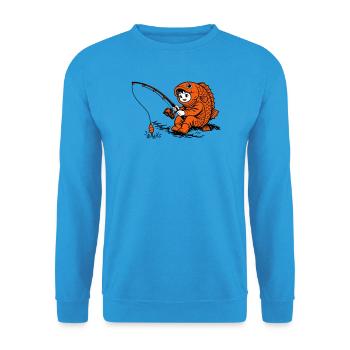 Junge im Fischkostüm angelt - Unisex Pullover - Meeresblau - Vorne - Alina (178cm) & Michal (187cm)