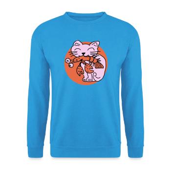 Katze frisst Krebs auf - Unisex Pullover - Meeresblau - Vorne - Alina (178cm) & Michal (187cm)