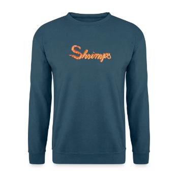 zwei Garnelen oder Shrimps als witzige Typografie - Unisex Pullover - Meeresblau - Vorne - Alina (178cm) & Michal (187cm)