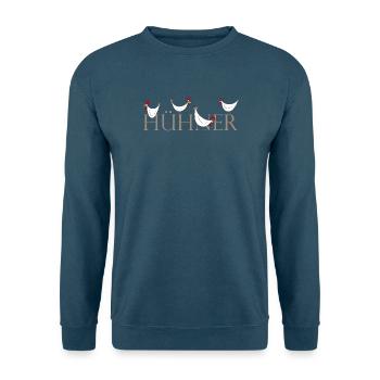 Lustige Hühner-Illustration auf Keramik - Unisex Pullover - Meeresblau - Vorne - Alina (178cm) & Michal (187cm)