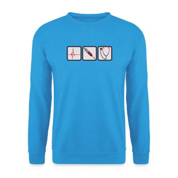 arzt 3 button spritze logo Stethoskop abhoeren her - Unisex Pullover - Meeresblau - Vorne - Alina (178cm) & Michal (187cm)