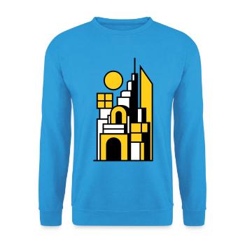 Abstraktes Stadtbild in Gelb Schwarz - Unisex Pullover - Meeresblau - Vorne - Alina (178cm) & Michal (187cm)