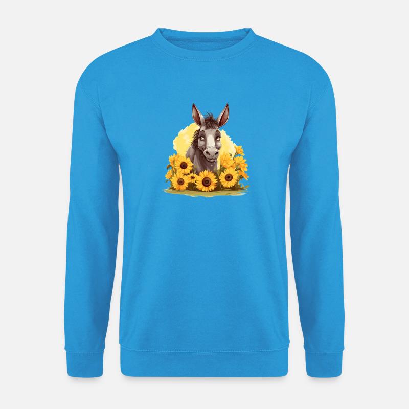 Verspieltes Eselfoto mit Sonnenblumen - Unisex Pullover - Meeresblau