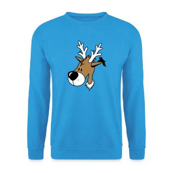 lustiges Comic Rentier mit Vogel auf dem Ohr - Unisex Pullover - Meeresblau - Vorne - Alina (178cm) & Michal (187cm)
