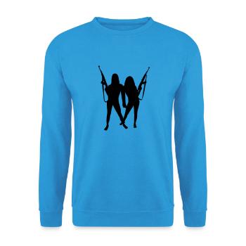 Womans and Guns - Unisex Pullover - Meeresblau - Vorne - Alina (178cm) & Michal (187cm)