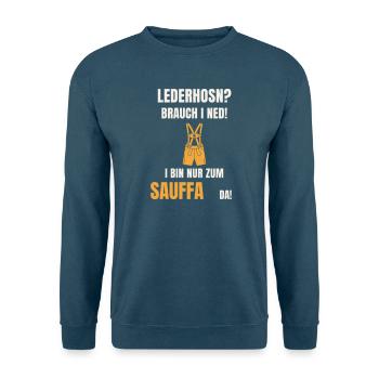 Lederhosn Brauch i ned - Sauffa Spruch Tracht - Unisex Pullover - Meeresblau - Vorne - Alina (178cm) & Michal (187cm)