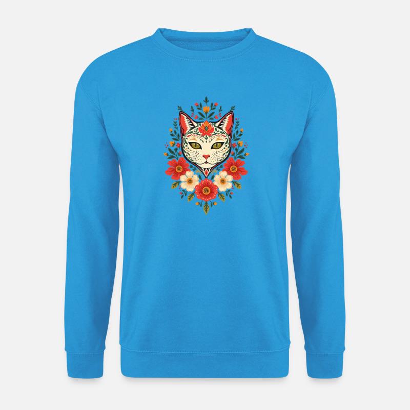 Blumenkatze im Folk-Art Stil - Unisex Pullover - Meeresblau