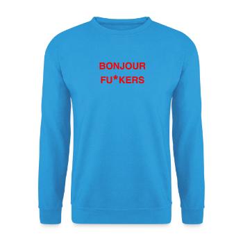 Bonjour Rebel Typo Graphic - Unisex Pullover - Meeresblau - Vorne - Alina (178cm) & Michal (187cm)