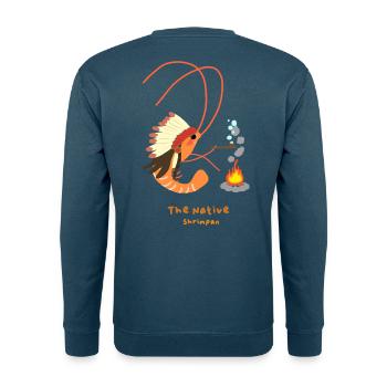 The Native Shrimpan , Native American Shrimp Fun - Unisex Sweatshirt - sea blue - Back - Michal (187cm)