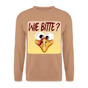 Wie bitte, Hühner - Unisex Pullover - Mocca - Vorne - Alina (178cm) & Michal (187cm)