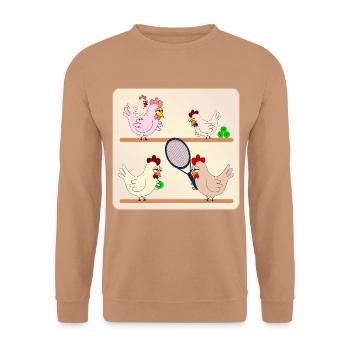 Hühnerstall-Tennis - Unisex Pullover - Mocca - Vorne - Alina (178cm) & Michal (187cm)