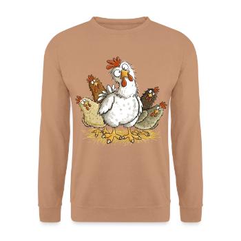 Lustige Hühner I Huhn Geflügel Bauernhof Humor - Unisex Pullover - Mocca - Vorne - Alina (178cm) & Michal (187cm)