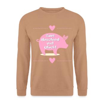 Abschied Kollegen, Glück Ferkel - Unisex Pullover - Mocca - Vorne - Alina (178cm) & Michal (187cm)
