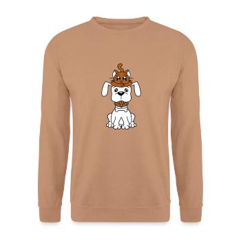 Hund Katze Zwei Freunde Team Kätzchen 2 Duo Crew - Unisex Pullover - Mocca - Vorne - Alina (178cm) & Michal (187cm)