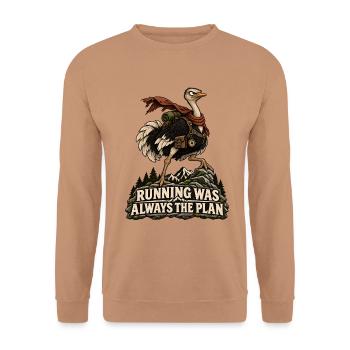 Running Was Always the Plan Strauß Abenteuer Humor - Unisex Pullover - Mocca - Vorne - Alina (178cm) & Michal (187cm)