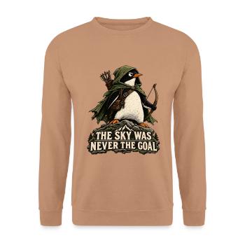 The Sky Was Never the Goal Pinguin Abenteuer Humor - Unisex Pullover - Mocca - Vorne - Alina (178cm) & Michal (187cm)