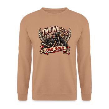 Two Wheels One Soul – Vintage-Motorradfahrer - Unisex Pullover - Mocca - Vorne - Alina (178cm) & Michal (187cm)