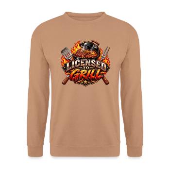 Lizenz zum Grillen – Vintage BBQ Master - Unisex Pullover - Mocca - Vorne - Alina (178cm) & Michal (187cm)