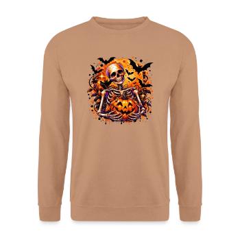 Skelett mit Pumpkin Halloween-Motiv - Unisex Pullover - Mocca - Vorne - Alina (178cm) & Michal (187cm)