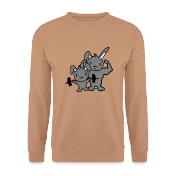 2 Hasen Bodybuilder Gym Muskeln Stark Fitness Team - Unisex Pullover - Mocca - Vorne - Alina (178cm) & Michal (187cm)