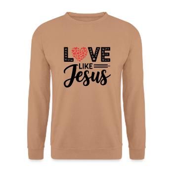 LOVE like JESUS - Inspirational Christian Art - Unisex Sweatshirt - mocha - Front - Alina (178cm) & Michal (187cm)