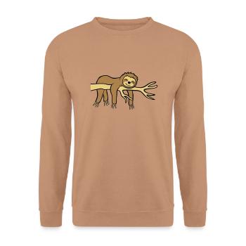 Glückliches hängendes Faultier - Unisex Pullover - Mocca - Vorne - Alina (178cm) & Michal (187cm)