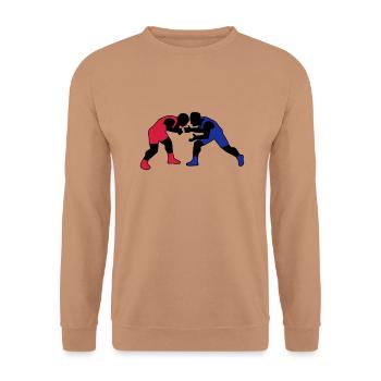 Ringen Zeichnung Sport Kampf Wrestler Wrestling - Unisex Pullover - Mocca - Vorne - Alina (178cm) & Michal (187cm)