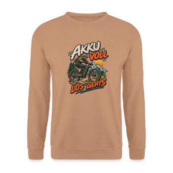 Akku Voll Los Gehts Bike - Unisex Pullover - Mocca - Vorne - Alina (178cm) & Michal (187cm)