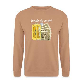 Weißt du noch? Handzeichnung Geld, Nostalgie  - Unisex Pullover - Mocca - Vorne - Alina (178cm) & Michal (187cm)