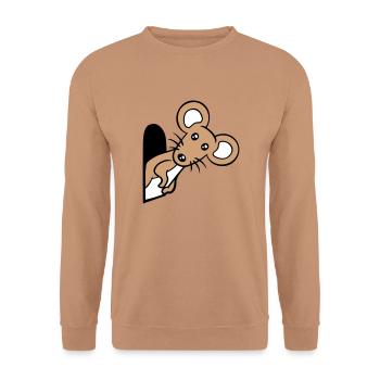 Maus Wand Loch Mauseloch Guckt Süß Lustig Comic - Unisex Pullover - Mocca - Vorne - Alina (178cm) & Michal (187cm)
