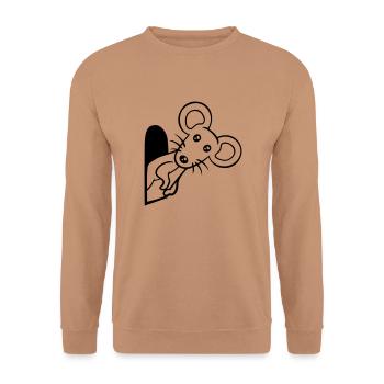 Maus Wand Loch Mauseloch Guckt Süß Lustig Comic - Unisex Pullover - Mocca - Vorne - Alina (178cm) & Michal (187cm)