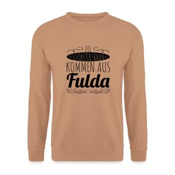 die schönsten Frauen kommen aus Fulda - Unisex Pullover - Mocca - Vorne - Alina (178cm) & Michal (187cm)