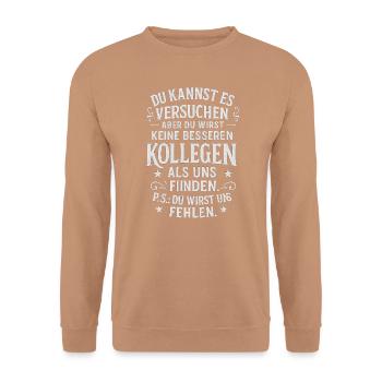 Abschied Kollegen Jobwechsel Arbeit - Unisex Pullover - Mocca - Vorne - Alina (178cm) & Michal (187cm)
