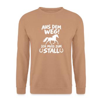 Aus dem Weg - Ich muss zum Stall - Pferd - Pferde - Unisex Pullover - Mocca - Vorne - Alina (178cm) & Michal (187cm)