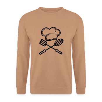 ruehrgeraet wender 2 emblem kochmuetze hut chef ko - Unisex Pullover - Mocca - Vorne - Alina (178cm) & Michal (187cm)
