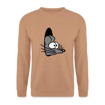 Maus Wand Loch Mauseloch Guckt Süß Lustig Comic - Unisex Pullover - Mocca - Vorne - Alina (178cm) & Michal (187cm)