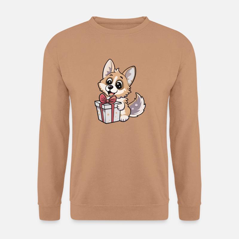 Niedlicher Wolf packt Geschenk aus - Unisex Pullover - Mocca