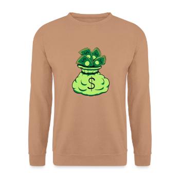 Geld Sack Scheine - Unisex Pullover - Mocca - Vorne - Alina (178cm) & Michal (187cm)