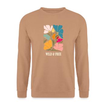 Wild & Free – Bunte Blumen im Retro-Stil - Unisex Pullover - Mocca - Vorne - Alina (178cm) & Michal (187cm)