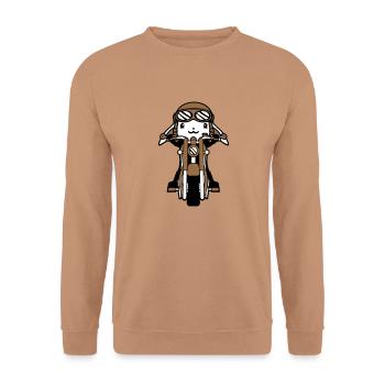 Hase Motorrad Fahren Biker Fahrer Roller Mofa Cool - Unisex Pullover - Mocca - Vorne - Alina (178cm) & Michal (187cm)