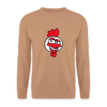 Huhn Vogel Hahn Chick Gockel grinsen Lustig Spaß - Unisex Pullover - Mocca - Vorne - Alina (178cm) & Michal (187cm)