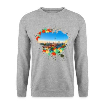 Berlin Deutschland Stadt Skyline Heimat Splash - Unisex Pullover - Weißgrau meliert - Vorne - Alina (178cm) & Michal (187cm)