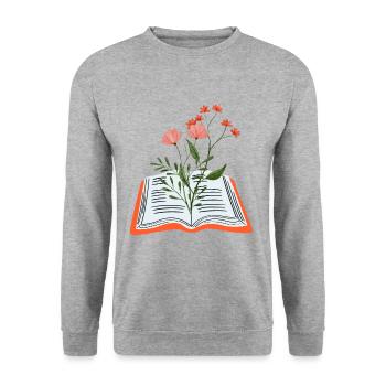 Blumen wachsen aus dem Buch - Unisex Pullover - Weißgrau meliert - Vorne - Alina (178cm) & Michal (187cm)