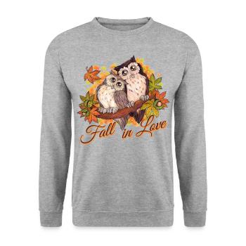 Fall in Love - Niedliche Eulen im Herbst Liebe - Unisex Pullover - Weißgrau meliert - Vorne - Alina (178cm) & Michal (187cm)