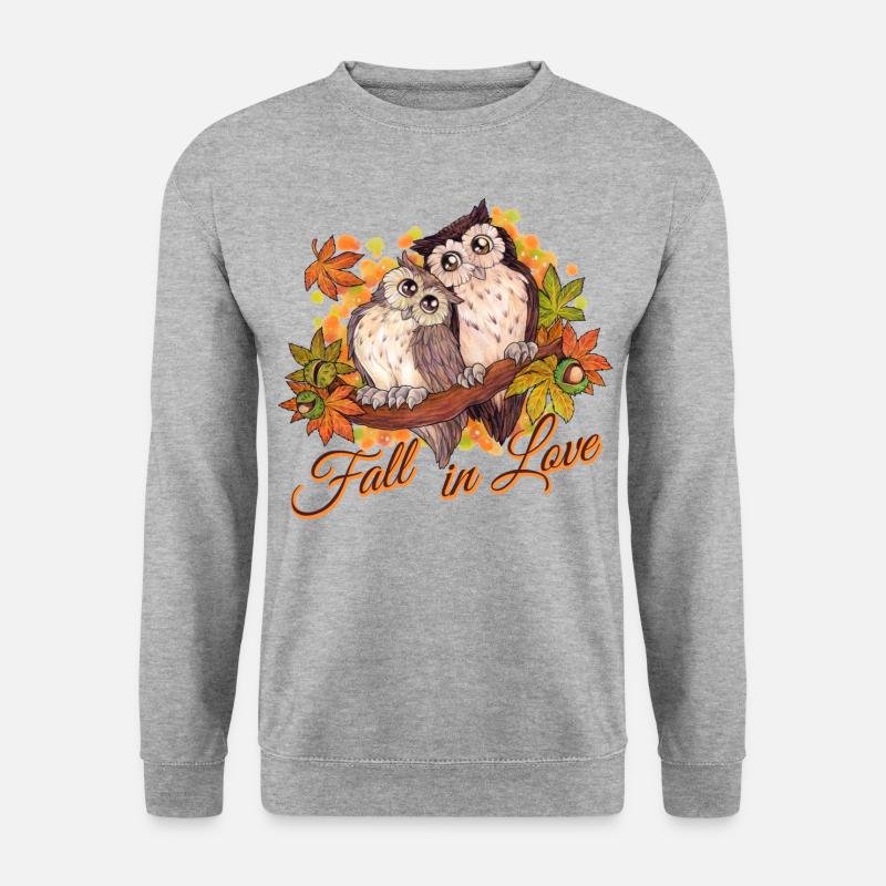 Fall in Love - Niedliche Eulen im Herbst Liebe - Unisex Pullover - Weißgrau meliert
