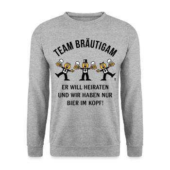 Team Bräutigam (Karikatur / Bier Im Kopf / 3C / B) - Unisex Pullover - Weißgrau meliert - Vorne - Alina (178cm) & Michal (187cm)