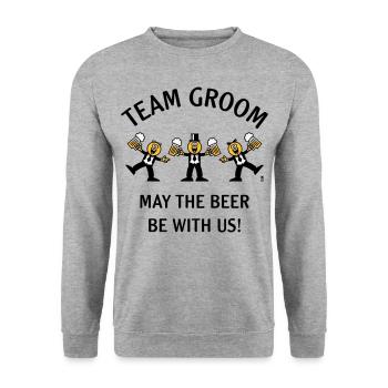 Team Groom (Karikatur / Bier mit uns / 3C / B) - Unisex Pullover - Weißgrau meliert - Vorne - Alina (178cm) & Michal (187cm)