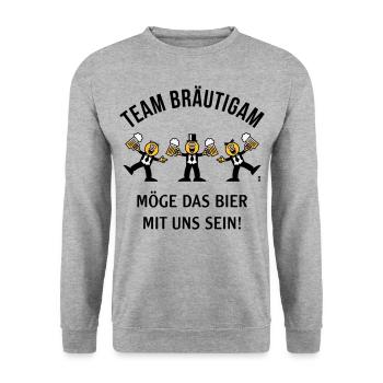 Team Bräutigam (Karikatur / Bier Mit Uns / 3C / B) - Unisex Pullover - Weißgrau meliert - Vorne - Alina (178cm) & Michal (187cm)