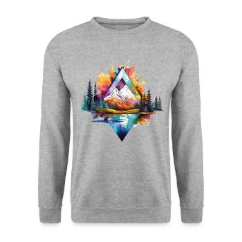 Natur Berge Wald Geometrisch Kunst Bunt Splash - Unisex Pullover - Weißgrau meliert - Vorne - Alina (178cm) & Michal (187cm)